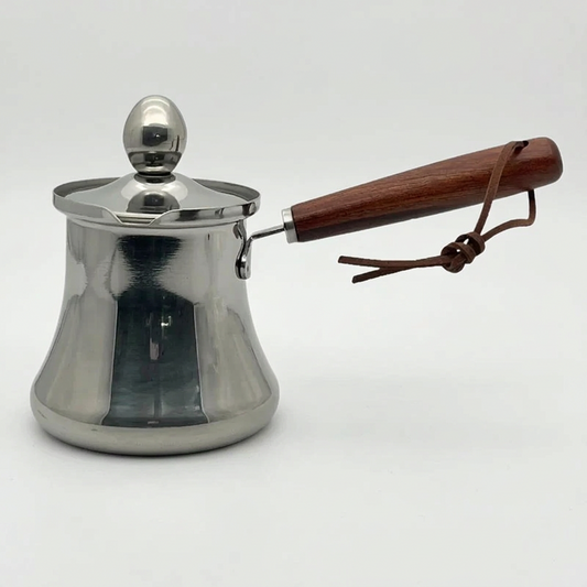 Casserole à café turc en inox avec couvercle et manche en bois